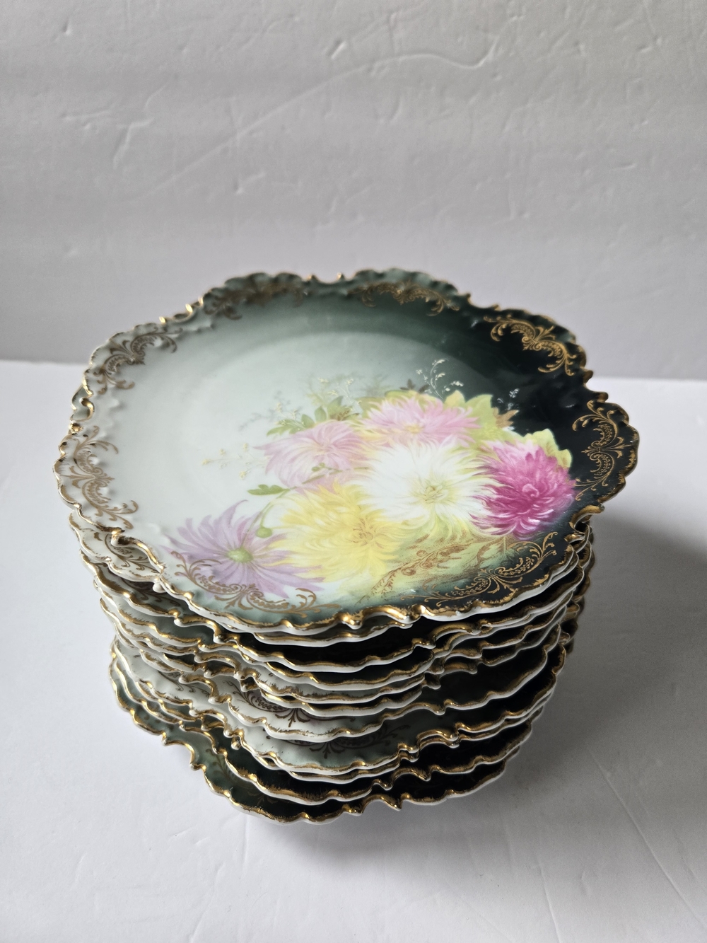 R C Monbijo Bavaria Plates Set of 11 Vintage Floral Gold Trim Green